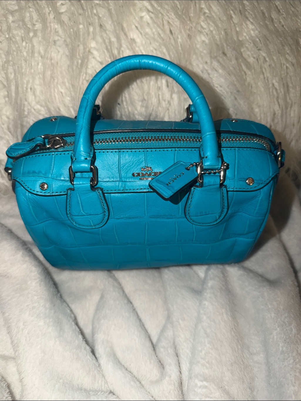 Coach Turquoise Croc-Embossed Leather Satchel